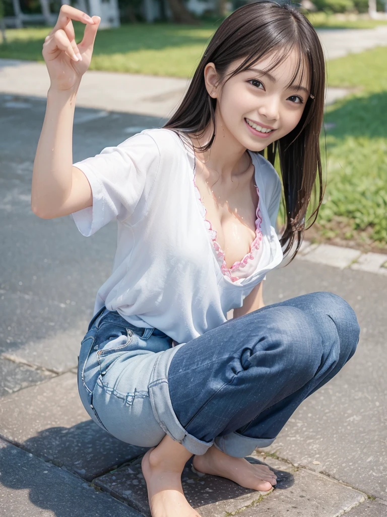 48 years old D cup saggy breasts woman A kind smile Big eyes Front teeth Japanese classmate High resolution, Highest quality, super high quality, Ultra-detailed, Cinematic lighting、On the street、Sweaty、Sweat、Black-haired、Idol girl singing on the bandstand、Big smile、sunny day、Spread your legs、Spread your legs、sunny day、Full nudity、huge 、Nipples、Browsing Caution、punk