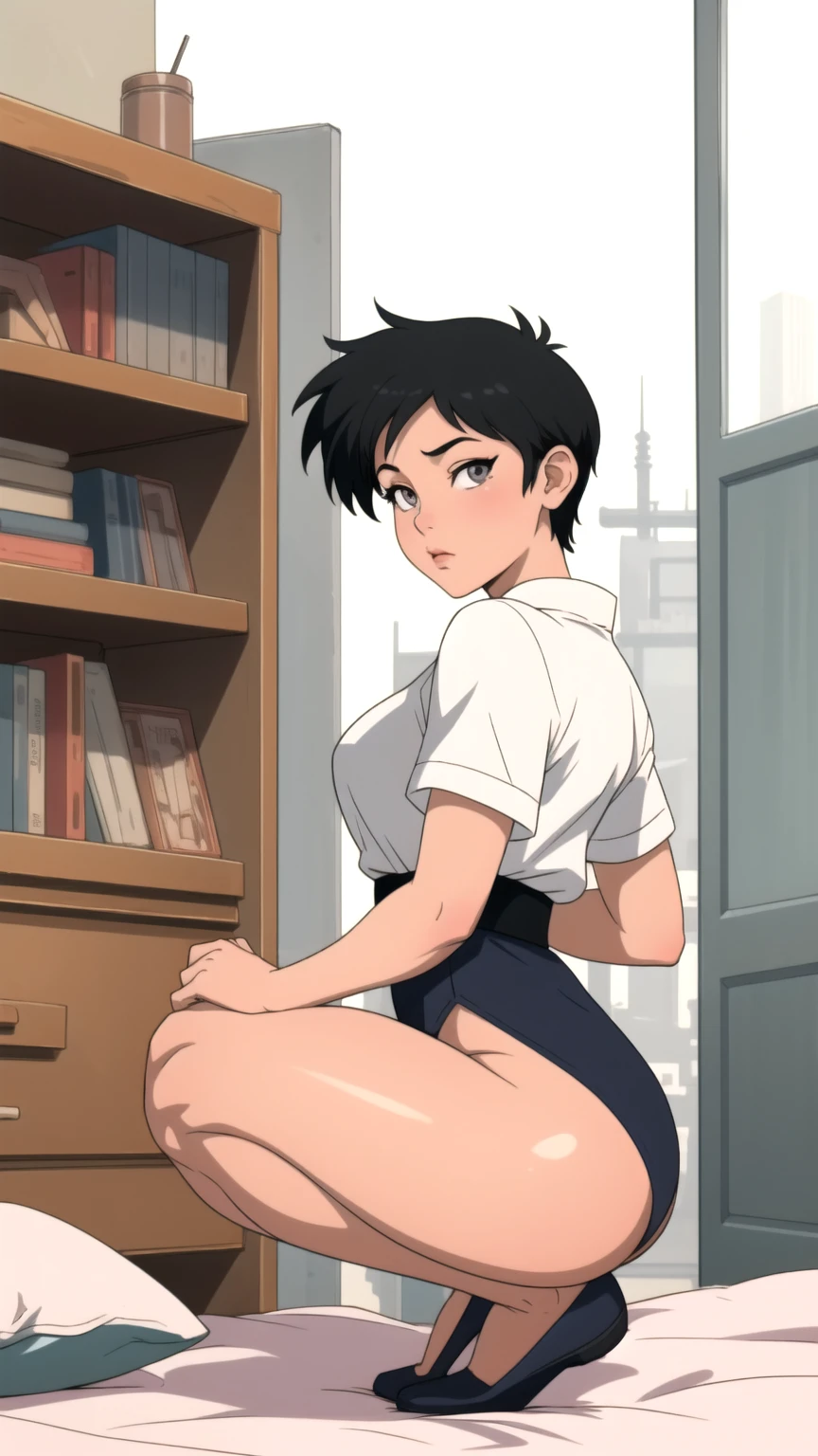 ((Medium Shot)), beautiful girl, underweight, very short hair, (wear a white long-sleeved T-shirt), (white bikini panties) , Perfect hands, Perfect body, put her feet on the table., (bare foot), (looking away), ((Exquisite detail)), Very finely crafted fingers(((10 fingers))), , (Full-body showcase), (Show your whole body), (No logos on background), (No logo), The camera frame is taken from below.,