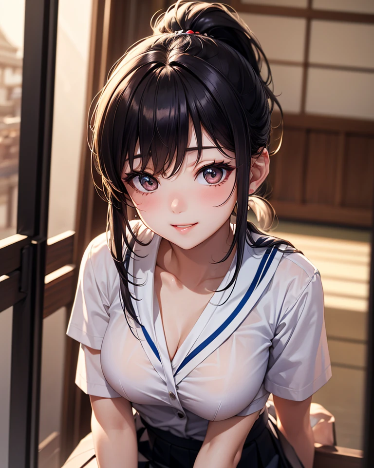 Young girls,double-ponytail,Pale blue hair,red color eyes,JK school uniform,solo person,Maid skirt,white stockings,White knee-length socks,Suspenders,looking to the camera,in a panoramic view,Lying on the couch,Five black males,White T-shirt,denim pant,Smiling at the girl,Masterpiece,Best quality,Japanese style binding,tatami mats,bedroom background,4k,Outstanding work。
