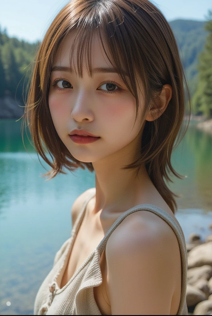 (Ultra-realistic), (figure), (High resolution), (8k), (Very detailed), (Best figure), (Beautiful and detailed), (Highest quality), (Super detailed), (masterpiece), (wallpaper), (Detailed face), alone, One Girl, watching viewer, Trendy clothes，White T-shirt、Less exposure、Fine details, Detailed face, In the Dark, Deep Shadow, Modest, Pure Erotic Face Ace_v1, cool, short hair, Pointed diagonal bangs，In a beautiful forest、stream、Water Play、Soaking wet、Wet Hair、Lost in Thought、岩に腰かけて足をstreamに浸す