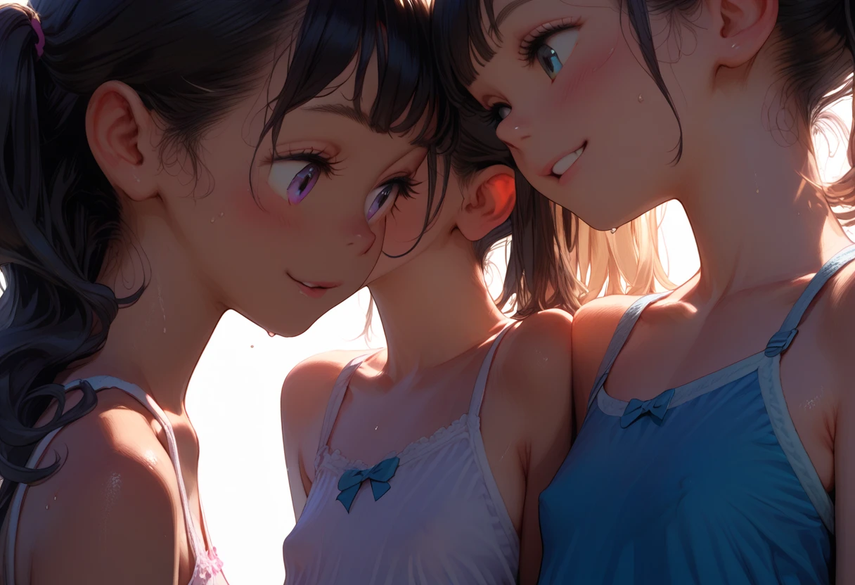 Highest quality、High resolution、Detailed Background、(Beautiful face in every detail:1.4)、Anatomically correct、Normal number of fingers、(Detailed facial expressions)、(Detailed eyes:1.2)、age beauty、(Highly detailed face:1.4)、(Huge breasts:1.2)、cute hair color、Braided bob cut、Braided Ponytail、cute hairstyle、well-groomed eyebrows、Perfect body line、A big smile、smile、Summer Sea、
(Super close-up of three beautiful girls from below:1.5)、Close up from below、Look at me with a happy expression、Cute gestures、
Bikinis with high waist and frill designs、A cute one-piece swimsuit with a romper-style design and ribbon accents、A tankini with separate top and bottom、Vivid colors and refreshing pastel colors are recommended.、Summery colors、cute