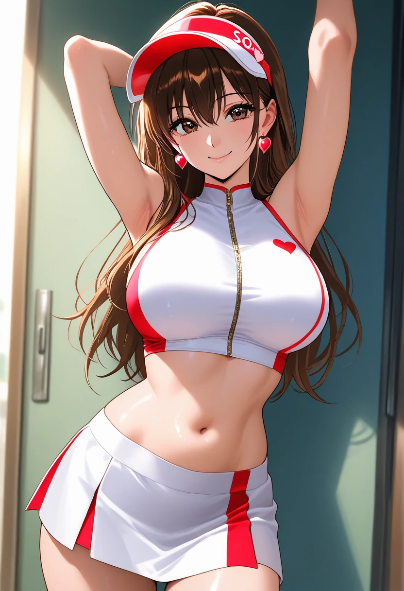 a young asian womam with long dark ponytail wearing a white bodysuit with red stripes anbd be standing and look directly at the camera at an angle from bbottom to top. anime girl visual