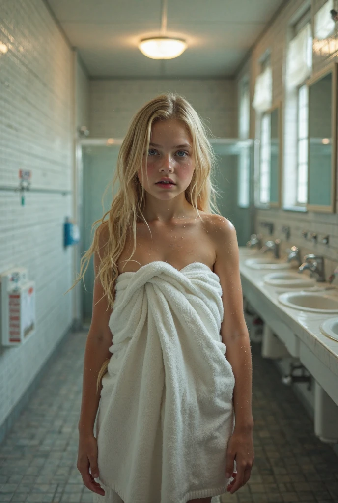 Create a 14 year old woman with a skirt and blue eyes. Immersed in a bathtub, legs crossed Resting on the edge of the bathtub, in a modern bathroom
