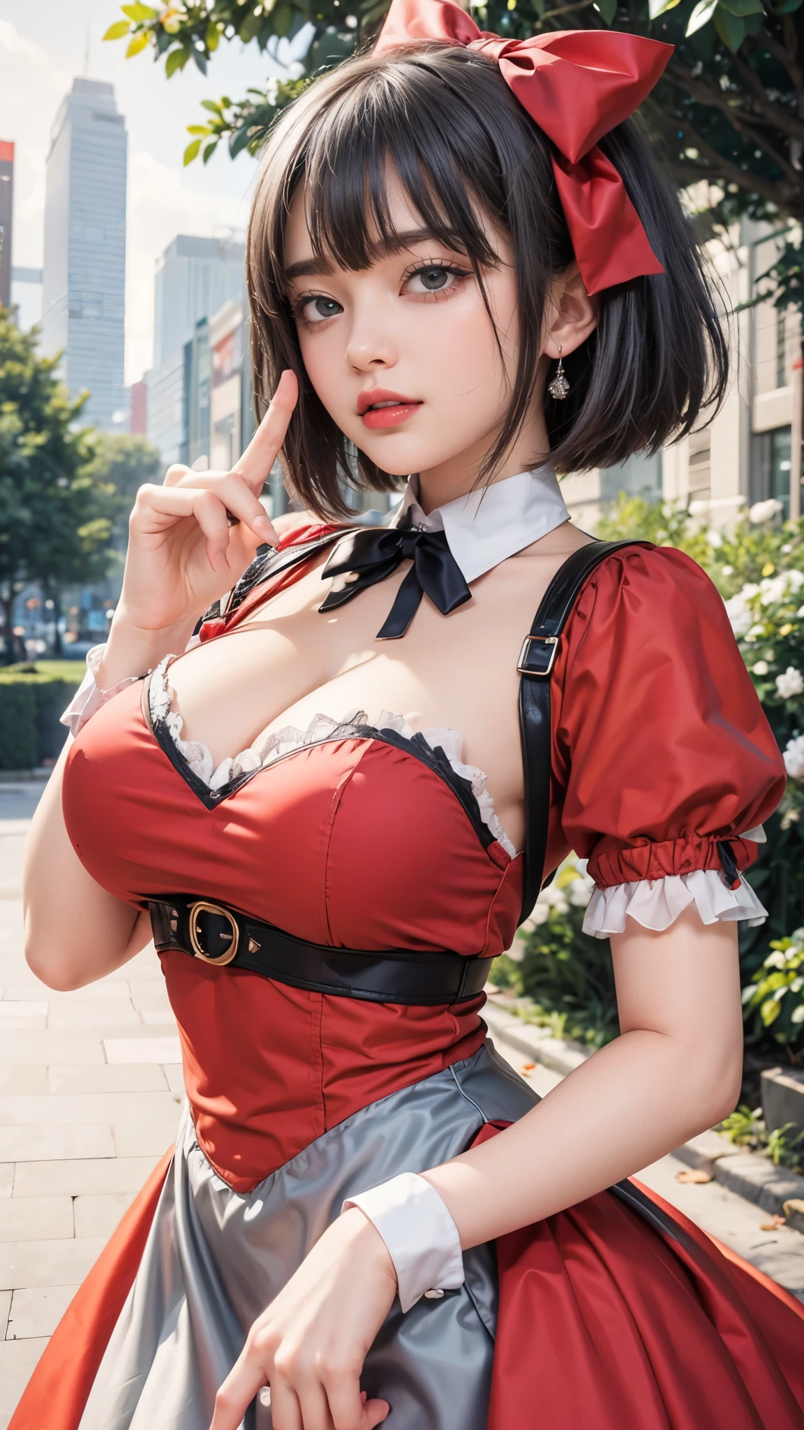 masterpiece, top quality, 8K, RAW photos , nsfw, 1 girl, Game CG Nishikiki Chisa Miyako, bob cut, hair bow, licorice uniform, Bicolor dress , miniskirt, red dress, gray dress, neck ribbon, long sleeve, beautiful breasts, Park, null, cityscape, , standing, V, open your mouth, Mischievous Smile、Peace Sign、(detailed hands:1.mall right hand:1.3), (((Naughty body line)))
