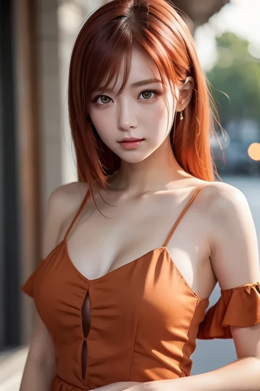 From above young woman, clear skin, copper hair with waves, medium build, wide bust, flirtatious smile, coquette style dress, hd superrealista, detail 