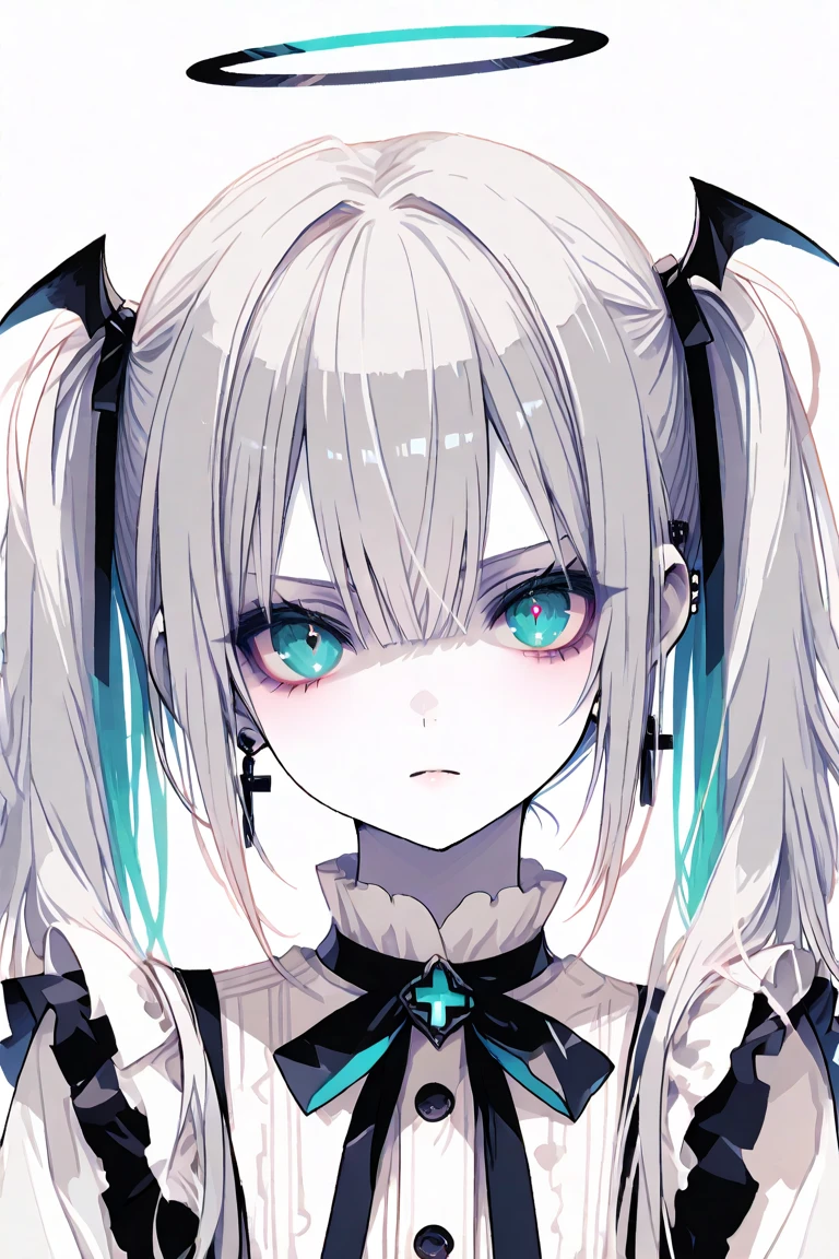 ((masterpiece, best quality)), (1girl, anime girl in dark prison),(mature, devil horn), (solo), (female focus), (white hair, twintail),pink eyes, ((vampire)), pale skin, evil, vicious, portraits, close up, upper body, vibrant colors, soft lighting