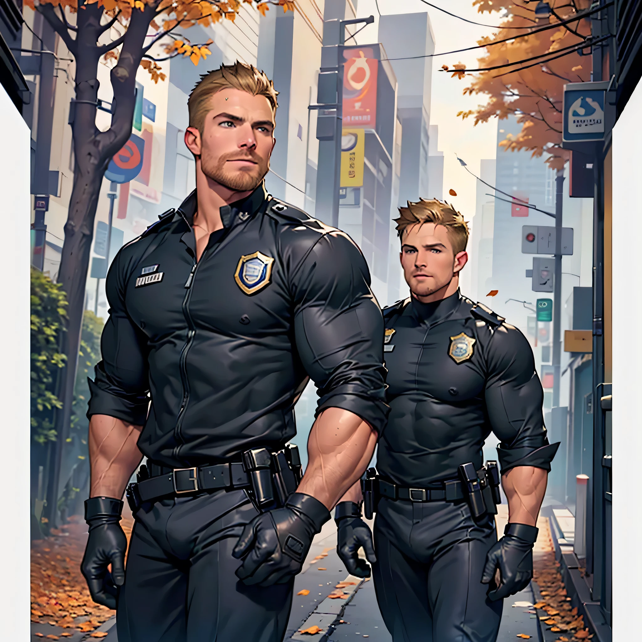 Solo man,(((Stephen amell as a handsome policeman, wearing policeman professional costume)))), (((dark NYPD suit , well equiped , showing a bulge, fingers gloves ))) ((( perfect anatomy, perfect male anatomy))), masterpiece,top-quality,, ((( trees and falling LEAVES scene in the background ))) ,Hair style army cut ,illustration,daddy ((manly hunk)) , (((handsome,))),(((thin man))) ,narrow waist, hunk Face ,Lots of body hair, daddy hunk ,dark blond hair,(((thick facial blond Hair)))