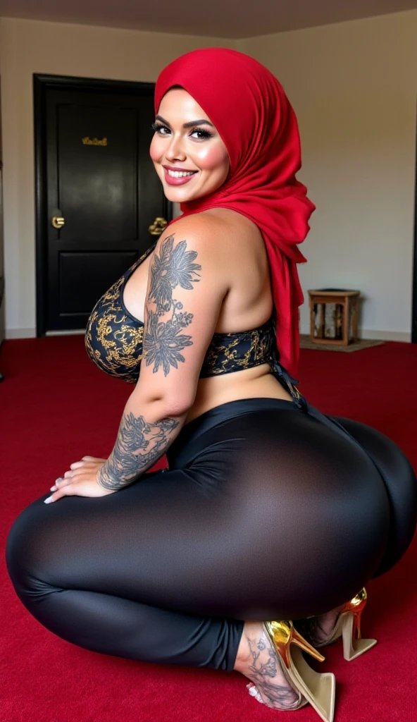 masterpiece, 1woman, beautiful, tattoos, covered in tattoos, tattoos covering body, body being covered in tattoos, arm tattoos, neck tattoos, face tattoos, ((48-Years-Old))), ((Hijab Beauty Indonesian Mature Woman)), ((Beautiful Gym Instructor)), wearing sexy outfit, ((Curvy body)), at her student home, a lot of sperm liquid through at her whole face, Big breasts, ((Hardcore Bondage)), Sitting On Chair, At Dungeon room, After Having sex during her Private lesson Time scene, betraying her husband feeling, frustating Lust expression, Long Ejaculating expression, ((A Lot Of Sperm Liquid through at her face)), getting fucked by a big dick.