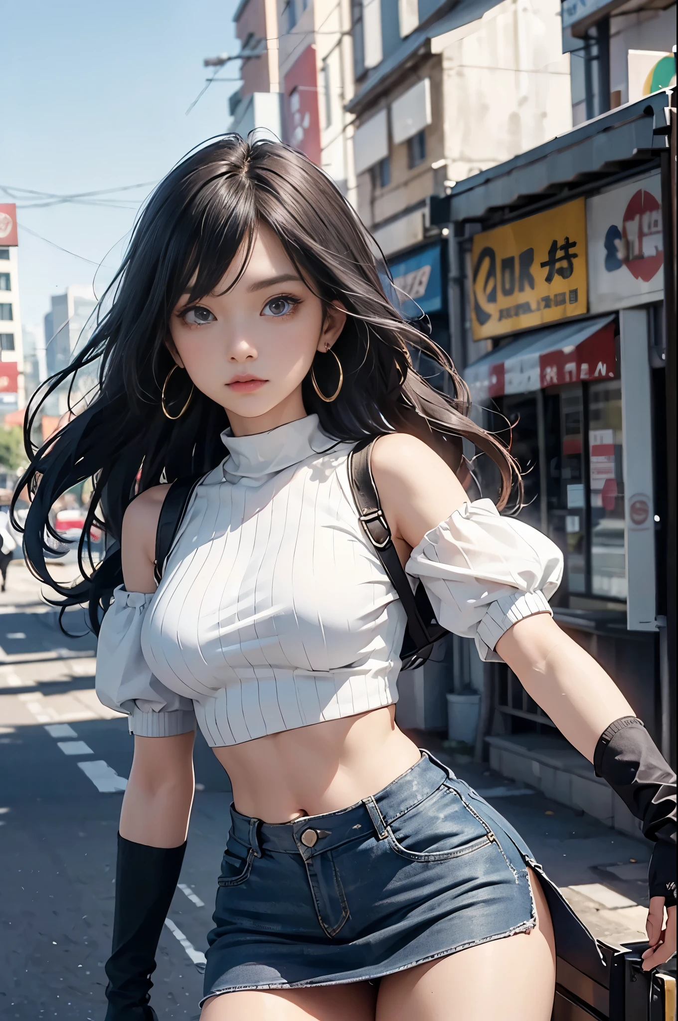   Beautiful girl , slim fit body ,   wavey black hair , strapless crop top, mini skirt , blushed cheeks 