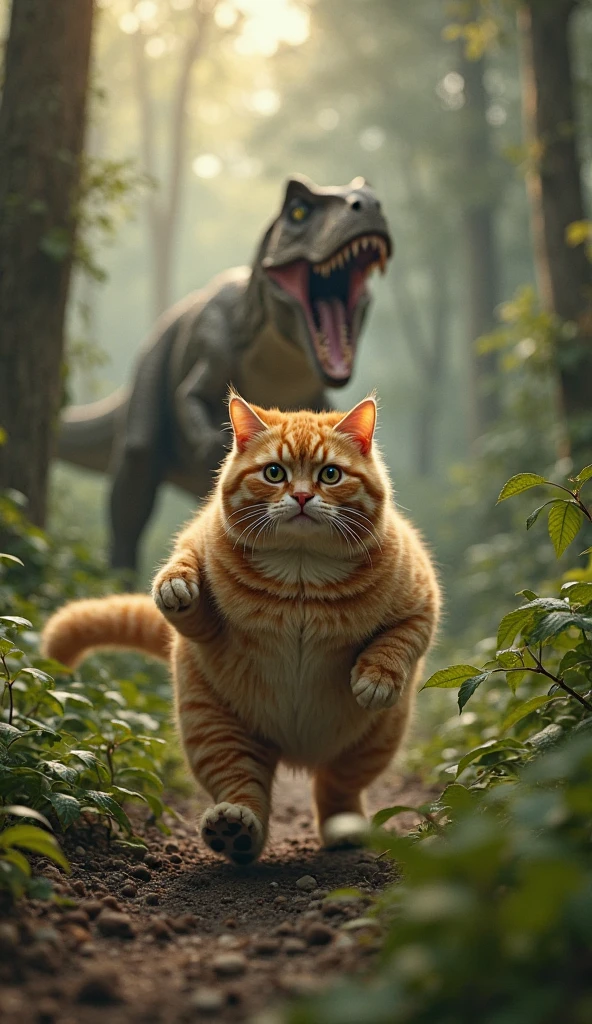 A hyper-realistic, extremely chubby orange tabby cat with a round belly and fluffy fur is running through a dense, misty forest. The cat looks terrified, with wide eyes and tiny paws lifted mid-run. Behind it, a lifelike, roaring T-Rex dinosaur is chasing it through the jungle. The lighting is dramatic with sun rays piercing through tall trees. The scene is intense but comical due to the cat's exaggerated chubbiness.