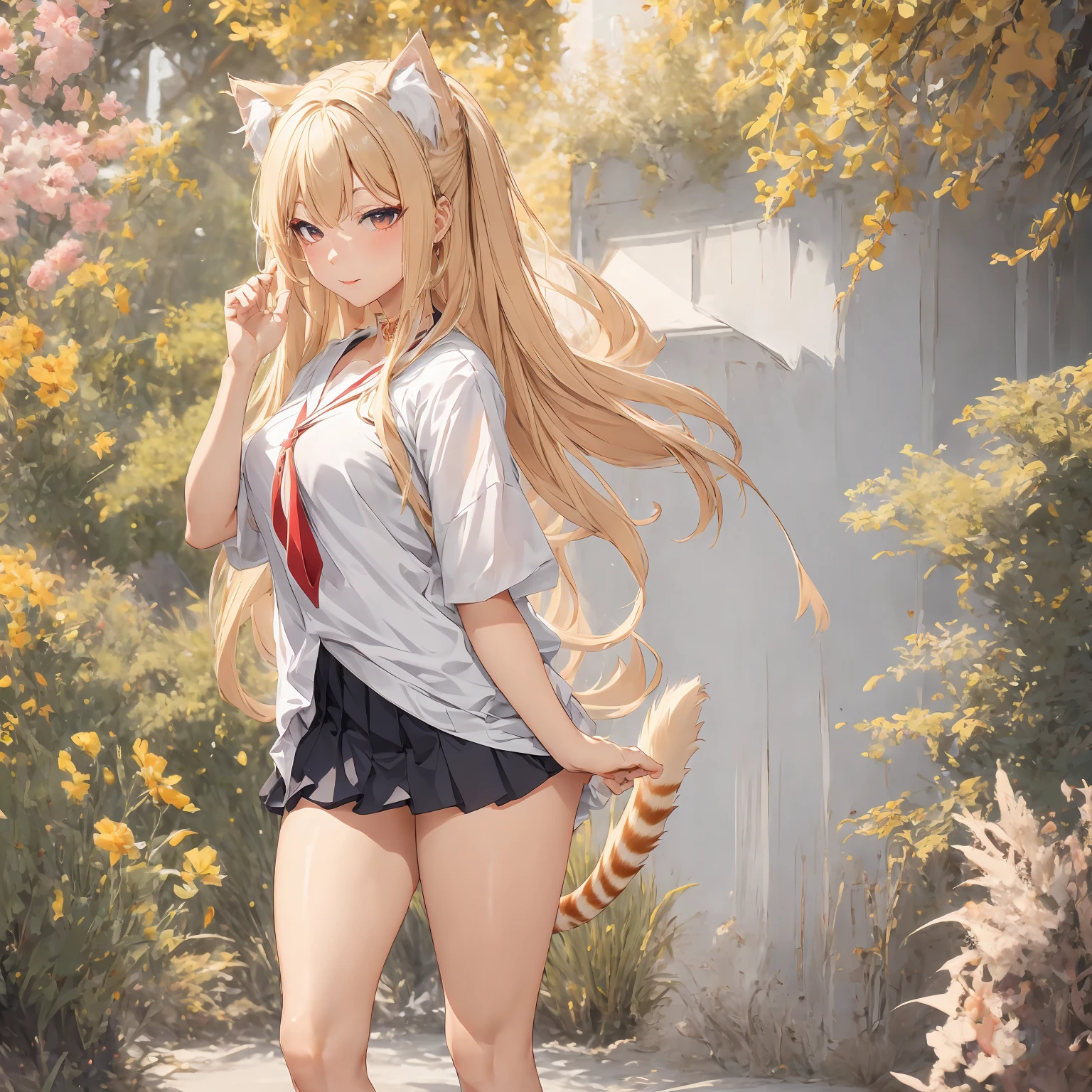 masterpiece, best quality, ultra detailed,1 cat girl , long hair, twin tails, very short pleated miniskirt, blush, sitting, (open legs),