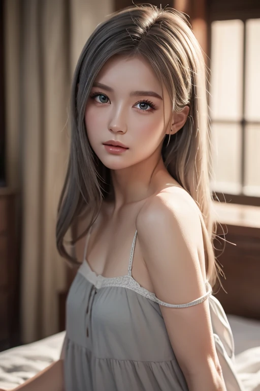 ((Realistic lighting、Highest quality、、masterpiece:1.3))、Gray Hair、Clear focus:1.2、1 Girl、Perfect body beauty:1.4、(半transparentの白のガーターを着用:1.4、Gray stockings:1.2、)、smile、Super detailed face、Narrow eyes、double eyelid、Put your hands on your head、Sleeping on the bed、Big , (8K, RAW Photos, High sensitivity, Highest quality, masterpiece, Ultra High resolution, realism: 1.25), blush, (非常にdetailedなCGユニティ8K壁紙, Highest quality, High resolution: 1.2), (Ultra_detailed, 超High resolution: 1.2), Perfect lighting, Individuality, (1 girl: 1.4), (pretty girl: 1.2), Unreal Engine, Side light, Gray Hair, Perfect Face, Perfect body, Beautiful Eyes, Beautiful Face, (Light Skin: 1.4),Model Beauty,transparent,