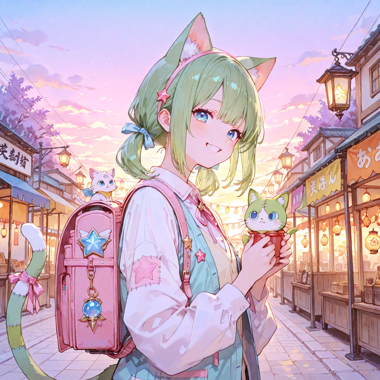 masterpiece, best quality, novel illustration, highres, ??? ??????????????, sensual, intimate, emotional, passionate, romantic, sweet, endearing, innocent, pure, captivating, alluring, enticing, mysterious, enchanting, captivating, immersive, mesmerizing, dreamlike, surreal, imaginative, whimsical, artistic, avant-garde, timeless, elegant, sophisticated, chic, refined, unique, original, mesmerizing,1girl,deltamon_beta, solo, blue eyes, thighhighs, animal ears, bare shoulders, blue tail, earrings,detached sleeves, green hair, sleeveless, cat ears, bag, white thighhighs, cat tail,pink backpack,pink randseru,Lavender Lace: A lavender lace dress with a Peter Pan collar, paired with ivory tights and Mary Jane shoes.,Cherry blossom viewing, Azalea, Satsuki, Azalea blizzard,
Rest ((Avoided by ((kitten)), crying face))