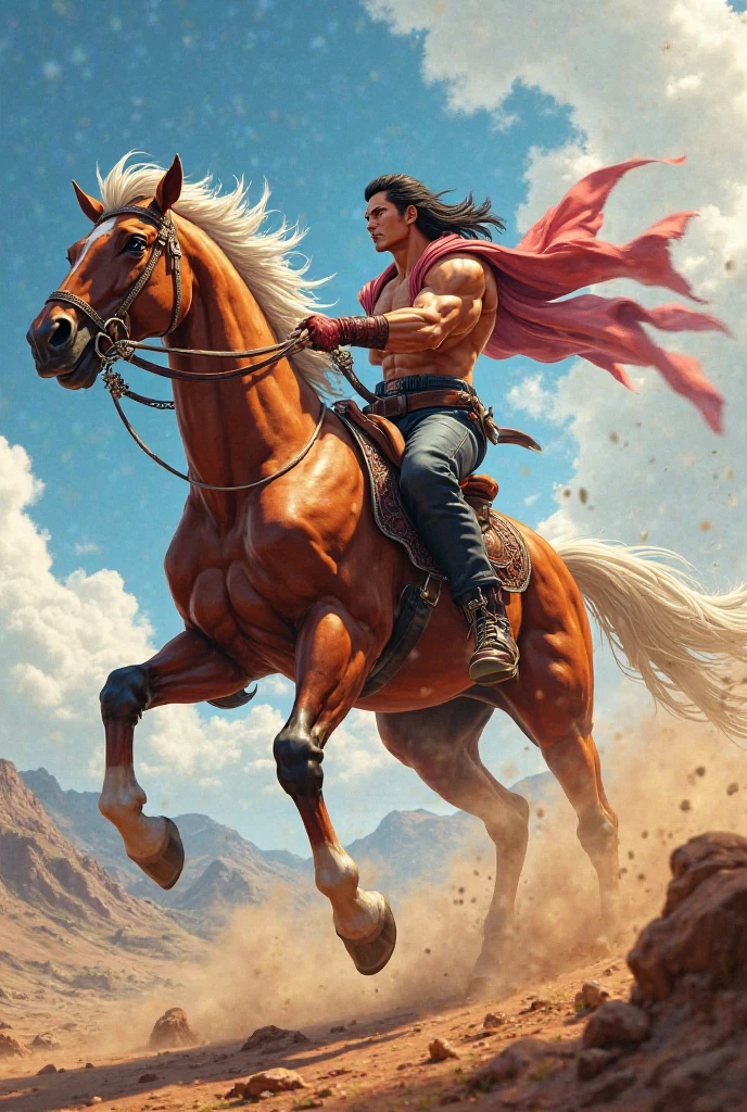 A very large muscular barbarian riding a very small hor