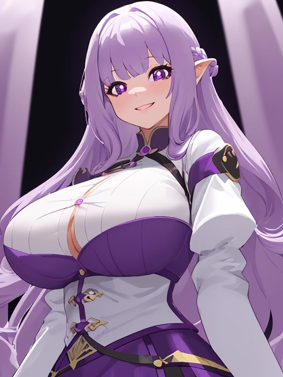 (masterpiece:1.2, best quality:1.2, beautiful, high quality, highres:1.1, aesthetic), detailed, extremely detailed, ambient soft lighting, 4K, perfect eyes, perfect face, perfect lighting, 1girl, solo, huge breasts, huge ass, huge thighs, narrow waist, wide hips, thick thighs, curvy, standing, looking at viewer, facing viewer, Emilia, Emilia from re zero,  long hair, silver hair, blunt bangs, braid, hair ornament, hair flower, hair ribbon, purple ribbon  blue pupils, purple eyes, ringed eyes, elf, cleavage, center opening, jump suit, skin tight jump suit, blushing,sweating, (breathing hard), (panting), anime, smile, outdoors, (masterpiece:1.2), highres, best quality, 8k, very clear,
