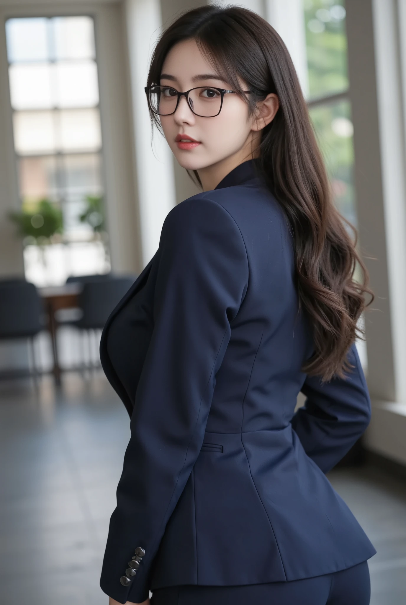 An intelligent Japanese woman wearing glasses。 college student 。long dark brown hair。navy blue suit。Big Breasts、big butt。