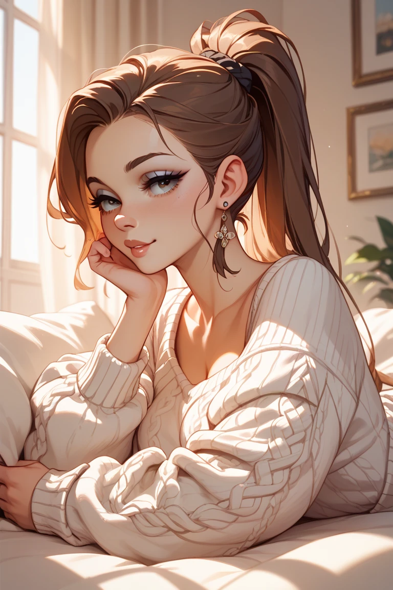 score_9, score_8_up, score_7_up, score_6_up, source_anime, 1girl, brown hair, long hair, brown eyes, big breasts, living room, sweater