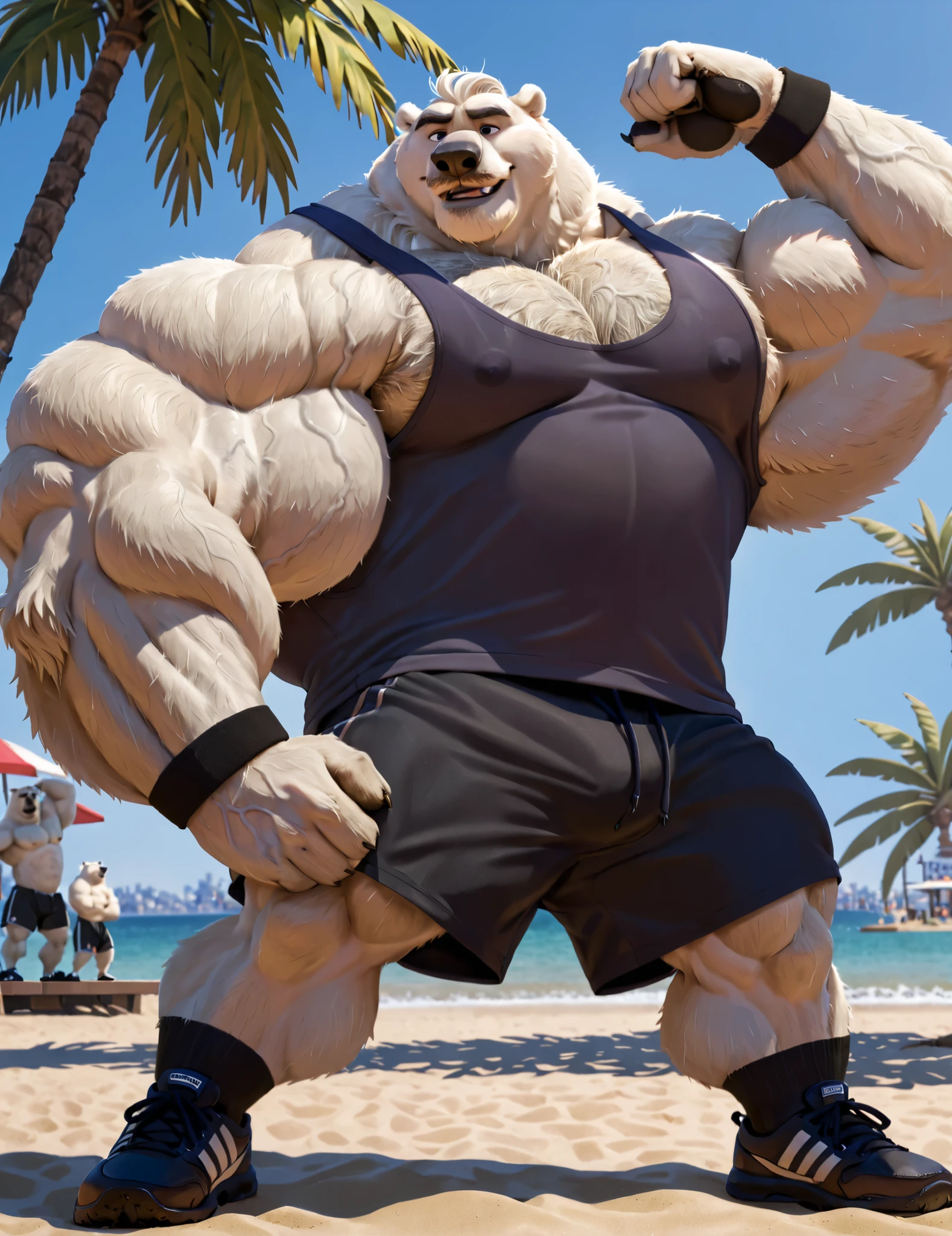 huge muscular polar bear in muscle beach, big Lou Ferrigno flex-like, grunting noise, polar bear, huge thick white fur, thick arm, huge arm, thick neck, added thick moustache and thick beard, Short white hair, (veiny muscular, veiny pectoral, wide pectoral, thick arms), beach, palm, Zootopia, Disney, 8k, masterpiece, gray eyebrows added, detailed eyes, (wearing black gym shorts, black wristbands added, black gym tank top, black socks and black gym shoes), flexing off, posing off, showing off his biceps and pecs,