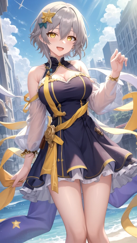8k, arms behind back, full body, slim figure, medium bust, curvy girl model, 18 year old female model, Glowing blue eyes,Light gold eyelashes,Gradient pupil color,high-heels,Be red in the face, Dark skirt,seductiv,Charming,Pink polka dot bow,goldtrim,huge tit, beatrice1