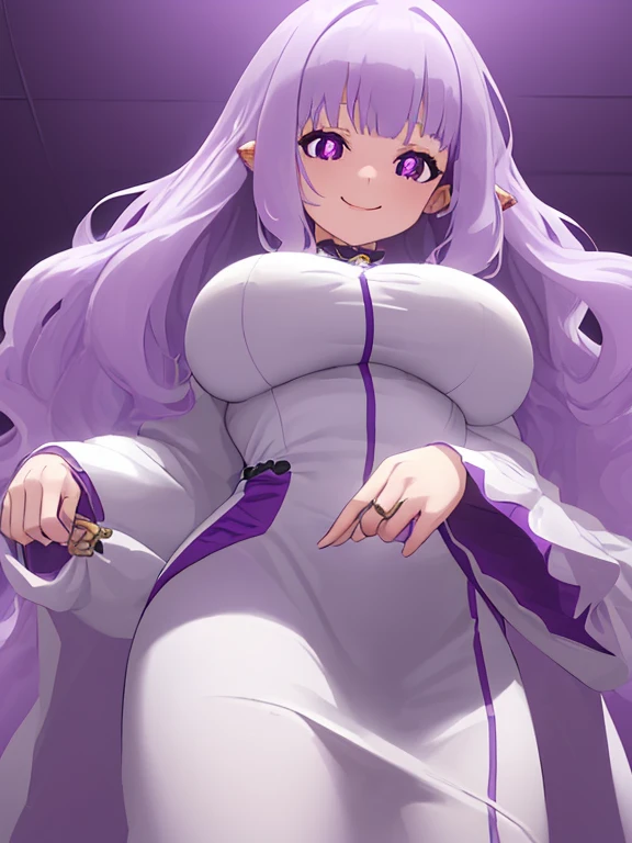 young girl, long curly lilac hair, violet eyes, Sheep horns, princess dress, open breasts, large breasts, sitting in a wheelchair, Masterpiece, hiquality, higly detailed, HD, 4k