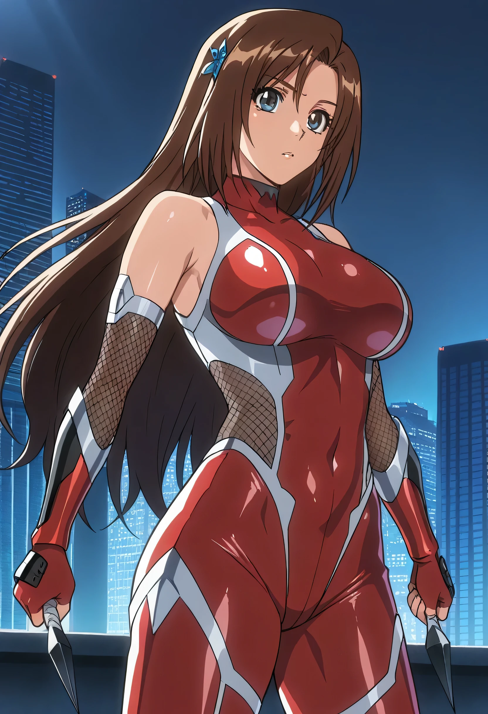 (masterpiece, best quality:1.2), cowboy shot, solo, 1 woman, ninja, female, beautiful, sexy, orihime inoue, long brown hair, 30 y.o, MILF, sleek outfit, taimanin inspired outfit, darkness, wielding kunai, standing on top of a skyscraper, best quality, high resolution, 8k, dynamic lighting, rough texture, shadowing, absurdres, high res, ultrasharp, 8k, masterpiece