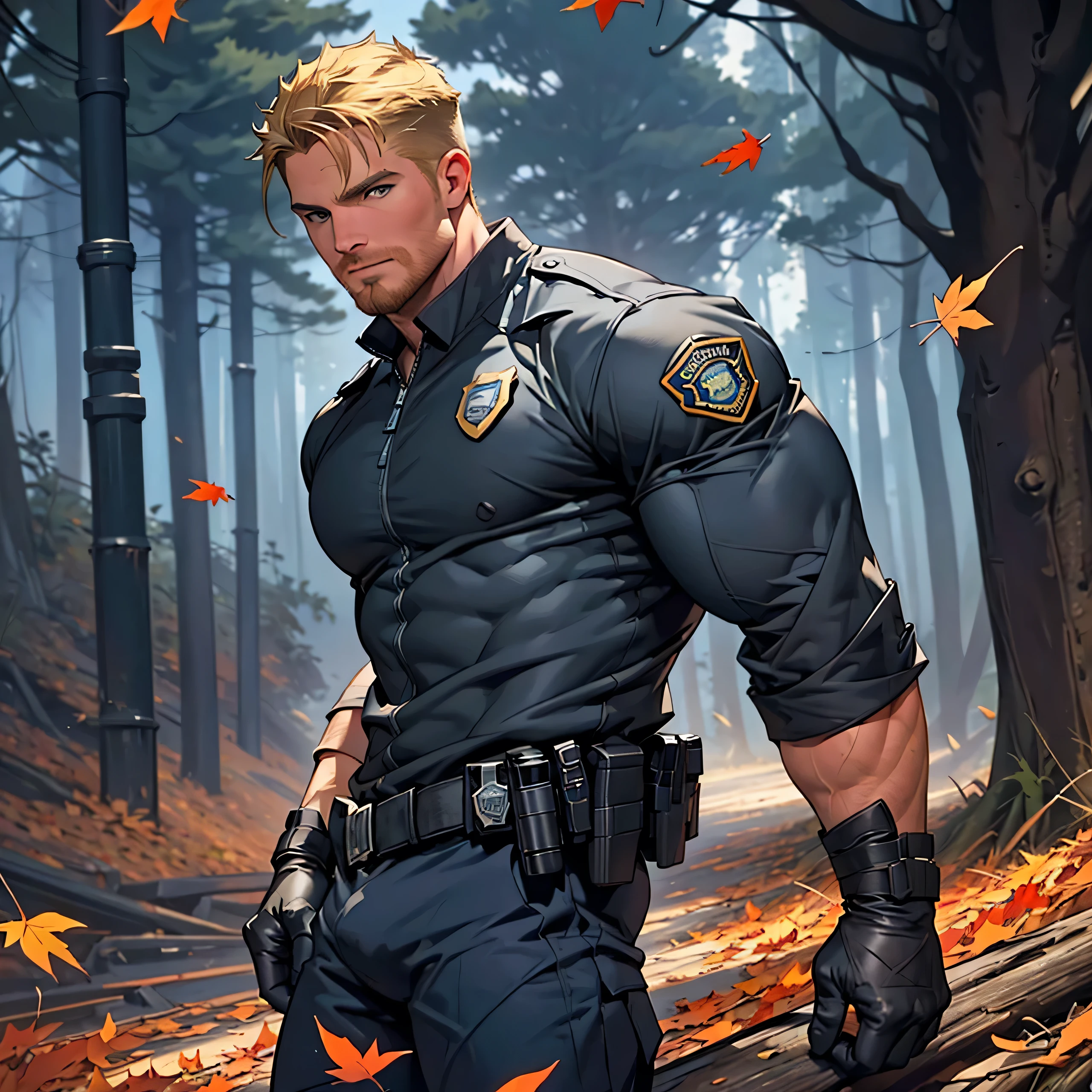 (((Solo man))),(((Stephen amell as a handsome policeman, wearing policeman professional costume)))), (((dark NYPD suit , well equiped , showing a bulge, fingers gloves ))) ((( perfect anatomy))), masterpiece,top-quality,, ((( trees and falling LEAVES scene in the background ))) ,Hair style army cut ,illustration,daddy ((manly hunk)) , (((handsome,))),(((thin man))) ,narrow waist, hunk Face , daddy hunk ,dark blond hair,(((thick facial blond Hair)))