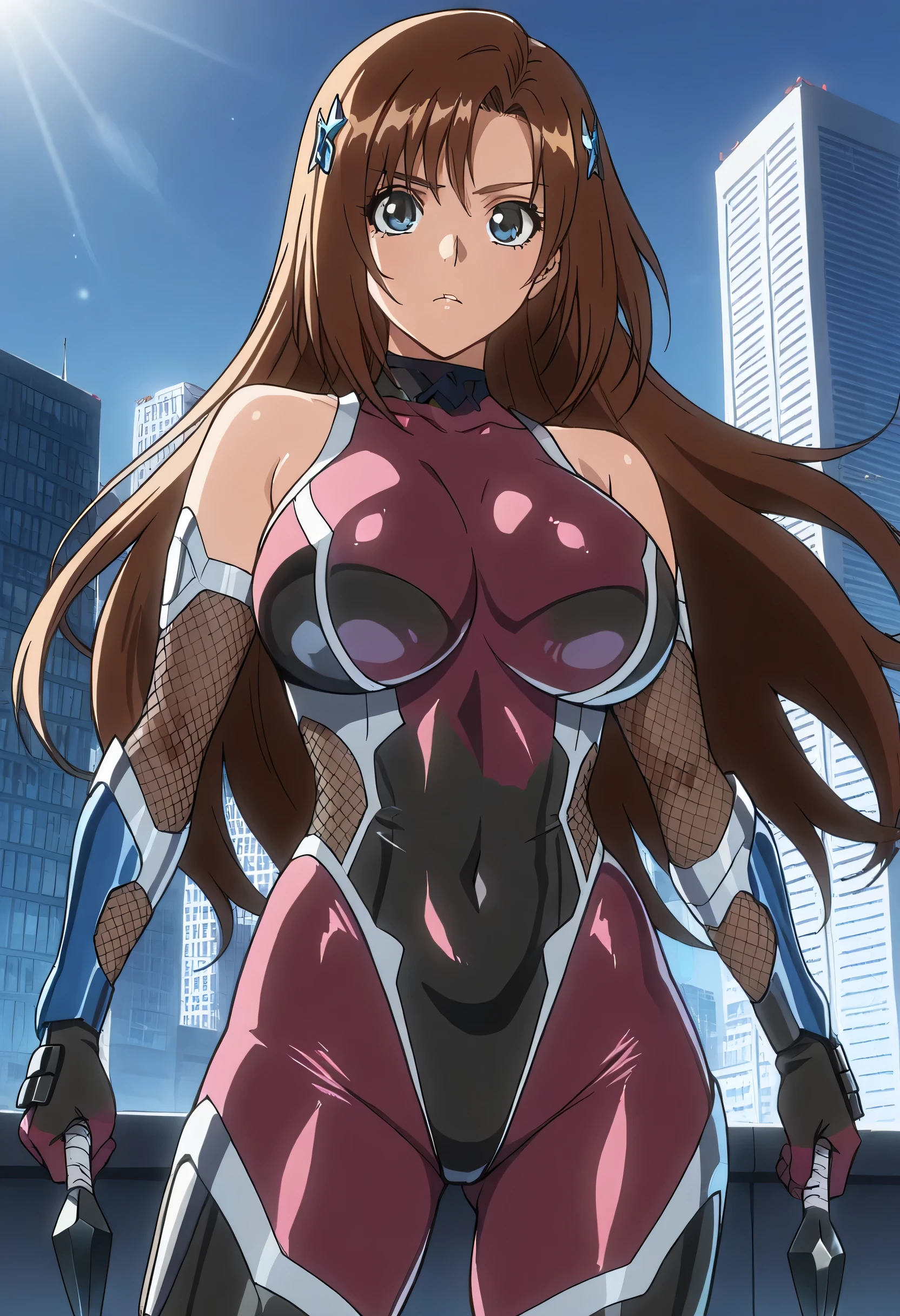 (masterpiece, best quality:1.2), cowboy shot, solo, 1 woman, ninja, female, beautiful, sexy, orihime inoue, long brown hair, 30 y.o, MILF, sleek outfit, taimanin inspired outfit, darkness, wielding kunai, standing on top of a skyscraper, best quality, high resolution, 8k, dynamic lighting, rough texture, shadowing, absurdres, high res, ultrasharp, 8k, masterpiece