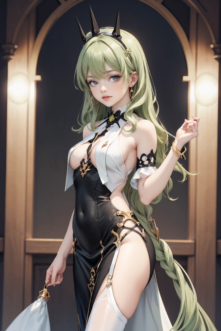 Mobius_(honkai impact 3d), ornament hair, perfectly body, perfectly hands, wave hair, light green hair, long hair, maid, maid dress, maid headdress, upper body portrait, maid apron, garden, temple, shrine, outside, Chinese festival scenery, gold lantern, Chinese lantern, fireworks, black dress, more details on her clothes, black dress, golden details, night, smiling, ((4k, masterpiece, top-quality)),8k, best quality, high resolution, HD, (illustration:0.8), super cute girl, delicate and beautiful face, 1girl, solo, mature girl, super cute hairstyle, (beautiful detailed eyes:1.6), extremely detailed face, perfect lighting, extremely detailed CG, (perfect hands, perfect anatomy), Best quality, cleavage, skirt