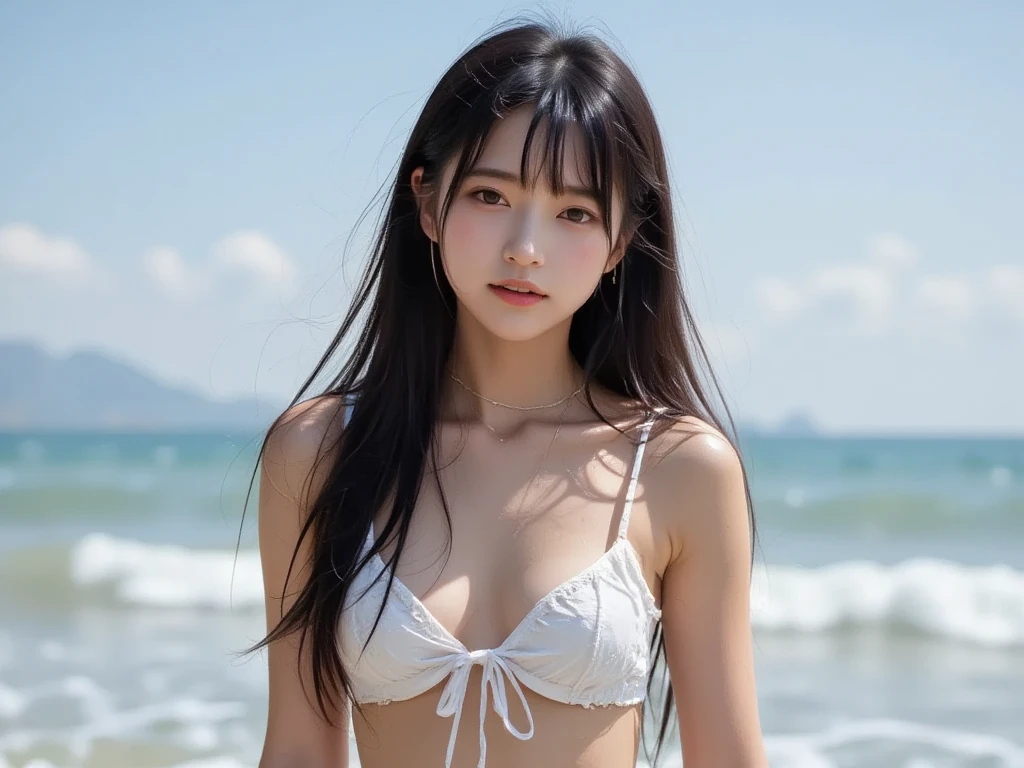 8K、High resolution:2.0、beautiful girl、young、White skin、Narrow eyes、High nose、 No makeup、single eyelid、(White triangular bikini、Ocean、From the crotch up)