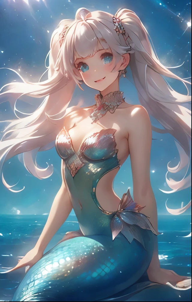 masterpiece, best quality, realistic, a mermaid, 1 woman, long wavy white hair, flying bangs, blue eyes, gorgeous accessories, portrait,extremely detailed face,water surface, simple background, fish scales, looking down, looking at the viewers, naked , mermaid, female, sakimichan frank franzzeta, delicate androgynous princess, heise jinyao,