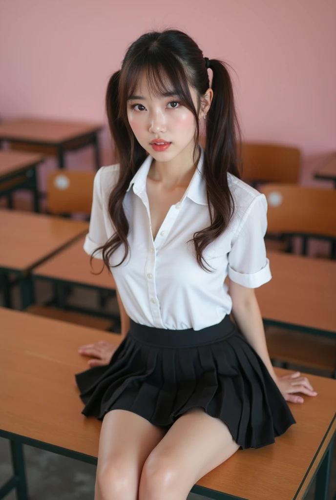 (1 girl), (sexy look:1.5), (flat chest:1.3), (very detailed目, very detailed顔), (超realistic, High resolution), (highest quality:1.4), (hyper quality), real skin texture, RAW photo, (realistic, Photoreal:1.37), very detailed, professional photography, (school uniform, pleated skirt:1.3), ((Unbutton your shirt and show off your chest:1.3)), realistic nipples, (look at me), (School, classroom), ((Face to face with me:1.4)), (from below:1.3), realistic private parts, lace panties, Japanese high school girl、超highest quality、masterpiece、超High resolution、written boundary depth、(Photoreal:1.4)、(award winning photos、信じられないほどのmasterpiece:1.3) 、RAW photography、golden ratio、Highly detailed CG Unity 8k wallpaper、detailed and complex、original、High resolution、RAW photo、(perfect body shape)、detailed and complex、Digital single-lens reflex camera、soft writing、(background person blur:1.1)、Sigma 85mmF/1.4、50mm Lenac lighting、nffsw、hyper real、color grade, Rear view,from below:1.3), (((Holding the hem of her skirt, she opens her legs and shows off her real pussy.:1.4))), (vagina)、spread legs、Lying down、On your back、penis、cum in pussy、(focus on girl), nude