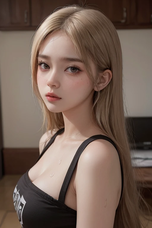 Light smile、natta、Raw photography、(((Portrait of extreme beauty)))、((glistning skin))、1人、16 year old beautiful girl in Prague、bright expression、((platinum-blonde-hair))、[Big blue eyes that shine like jewels]、Glossy glossy skin、Silky long straight hair、eye liner、Beautiful bangs、Hair between the eyes、((​masterpiece、top-quality、ultra-detailliert、Film Light、intricate-detail、hight resolution、ighly detailed))、细致背景、8KUHD、Digital SLR、Soft light、hightquality、Film grain、FujifilmXT3 、Shallow depth of field、natural soft light、（No hands）、Kamimei、Lush bust