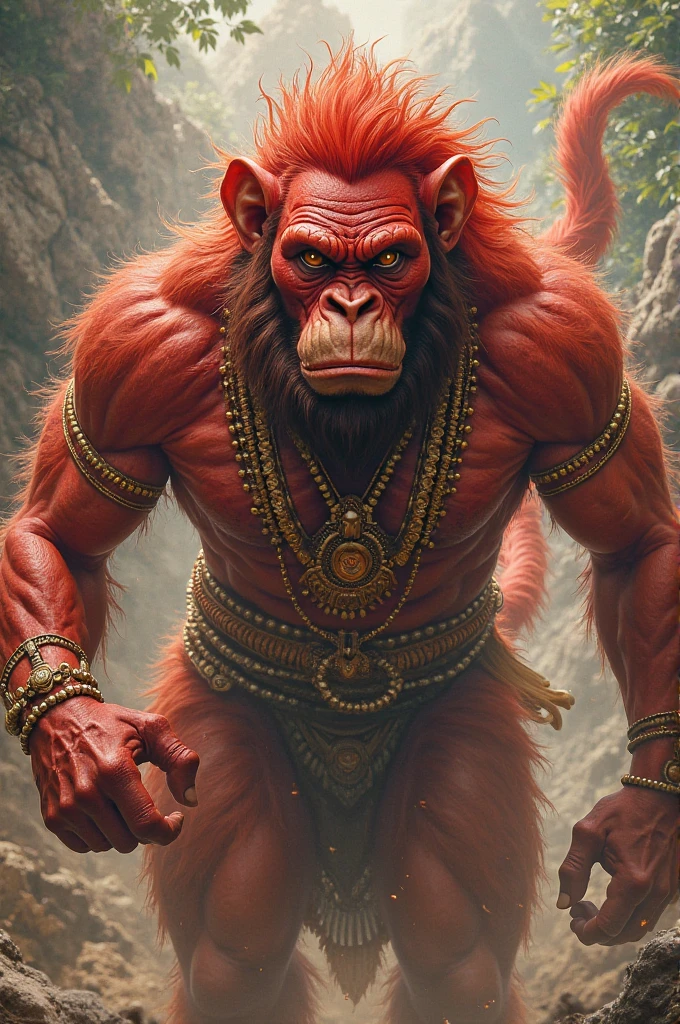 A man with more the hulk and body,with orange skintone,with little bit mouth of monkey with 10feet height and wearing a crown ,no shirt but old tradition of india