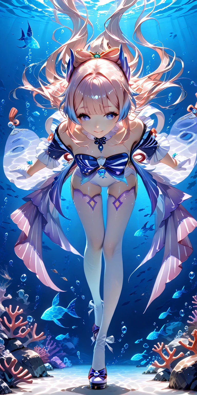 Flat-chested girl with short aqua hair,Transparent short dress,sea elf,There are scales on the body,briefs,Bare Legs,barefoot,deep sea