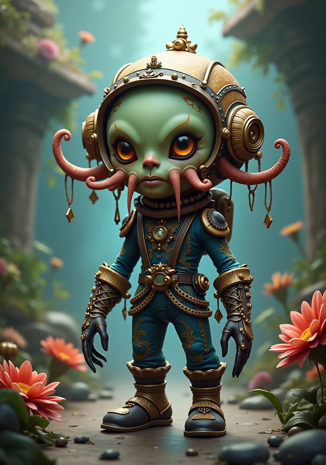 generate images of kawaii chibi character of squid head zany scarecrow with a horror fantasy theme, clothes must be highly intricate scuba diver style, elegant, and visually striking, resembling digital paintings. Concept art must be highly detailed and flaunt beauty, Artwork will be created by highly skilled artists known for their attractive, high-quality models. Character designs will be created by Pascal Branch Rutkowski, known for his hyper-realism. Images must be of the highest quality with cinematic lighting and 16K resolution. Great attention to symmetry will be used to make the characters mysterious and alluring. Artwork must be a masterpiece that displays total perfection and amazing attention to detail, including macro details, voluminous light, realistic reflections on surfaces, and ultra-detailed textures. Utilize cinematic effects to enhance the overall visual impact. For best quality, images should be UHD and in sharp focus,
