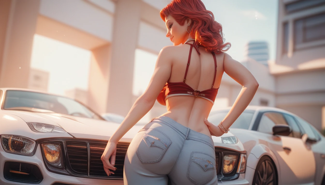 (Best quality, 4k, Masterpiece :1.3), beautiful woman, hyper realistic, 1girl, (droopy breasts, attractive body :1.2), sit-ups :1.1, Icaru valkirie-mecha, Beautiful cyberpunk woman wearing crown with her red and blue mecha in ruins of a forgotten war city, long red hair, sci-fi technology, HDR (High Dynamic Range), ray tracing, nvidia RTX, super resolution, unreal 5, subsurface scattering, PBR texture, post-processing, anisotropic filtering, detailed lips, detailed eyes, double eyelid, tight short pink bra, open neckline, hanging breasts, side pose, visible curves, on the street, light blue and tight short jean shorts, muscular turned leg, Big breasts, light green eyes, pink high heels, open sky with sun, smiling, big ass, standing on his back looking back, show more ass, hands on ass, freckles on face, freckles on ass --auto