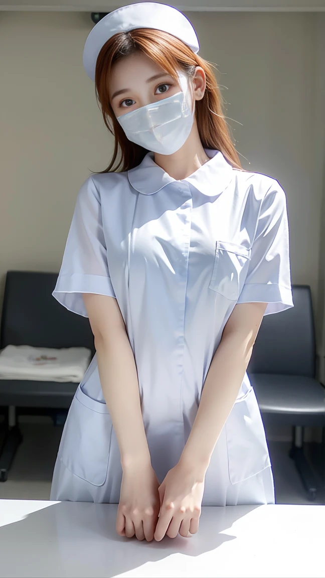 1 girl,(Wearing white nurse clothes:1.2),(RAW Photos, highest quality), (Realistic, photo-Realistic:1.4), masterpiece, Very delicate and beautiful, Very detailed, 2k wallpaper, wonderful, finely, Very detailed CG unity 8k wallpaper, Very detailed, High resolution, Soft Light, Beautiful detailed girl, Very detailed eyes and face, Beautiful and detailed nose, finely beautiful eyes, nurse, Perfect Anatomy, Black Hair, Upstyle, nurse uniform, ((mask)), Long skirt, nurse, White costume, thin, hospital, clear, White Uniform, hospital room, Neck auscultation,Bobcut