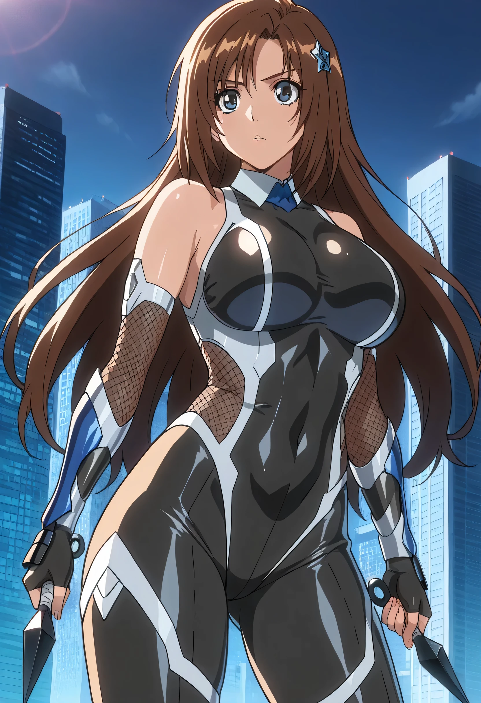 (masterpiece, best quality:1.2), cowboy shot, solo, 1 woman, ninja, female, beautiful, sexy, orihime inoue, long brown hair, 30 y.o, MILF, sleek outfit, taimanin inspired outfit, darkness, wielding kunai, standing on top of a skyscraper, best quality, high resolution, 8k, dynamic lighting, rough texture, shadowing, absurdres, high res, ultrasharp, 8k, masterpiece