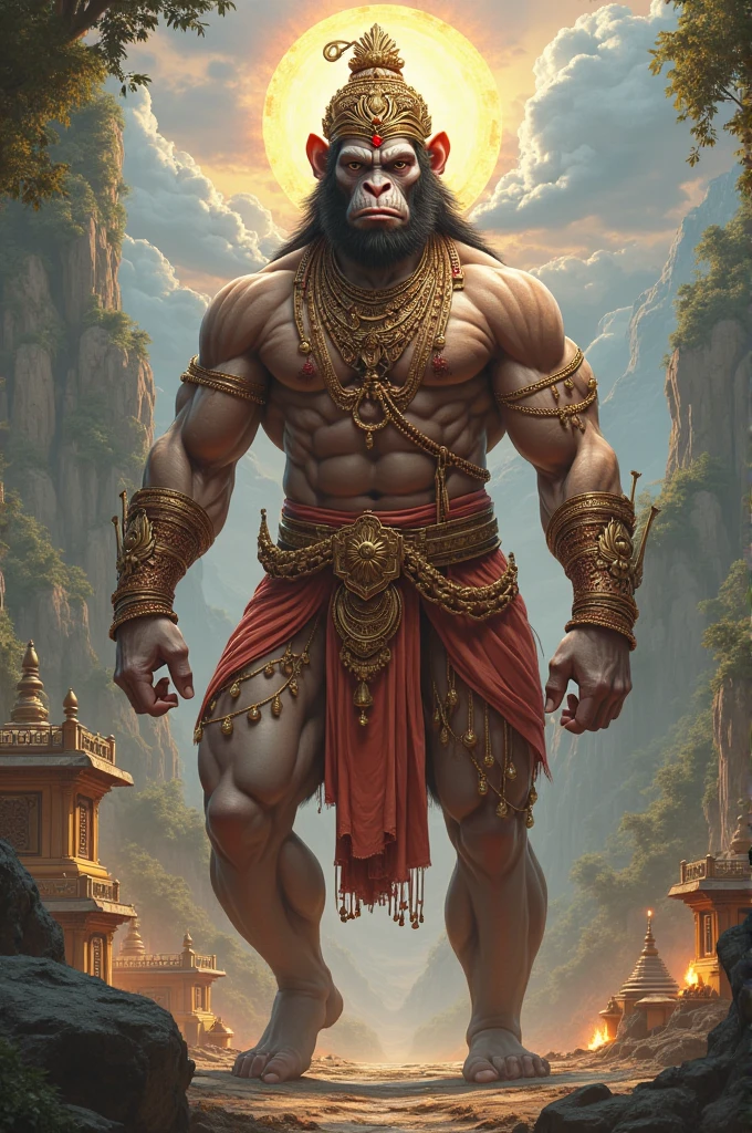 Hanuman is depicted as a vanara, a monkey-like humanoid with incredible strength and agility.