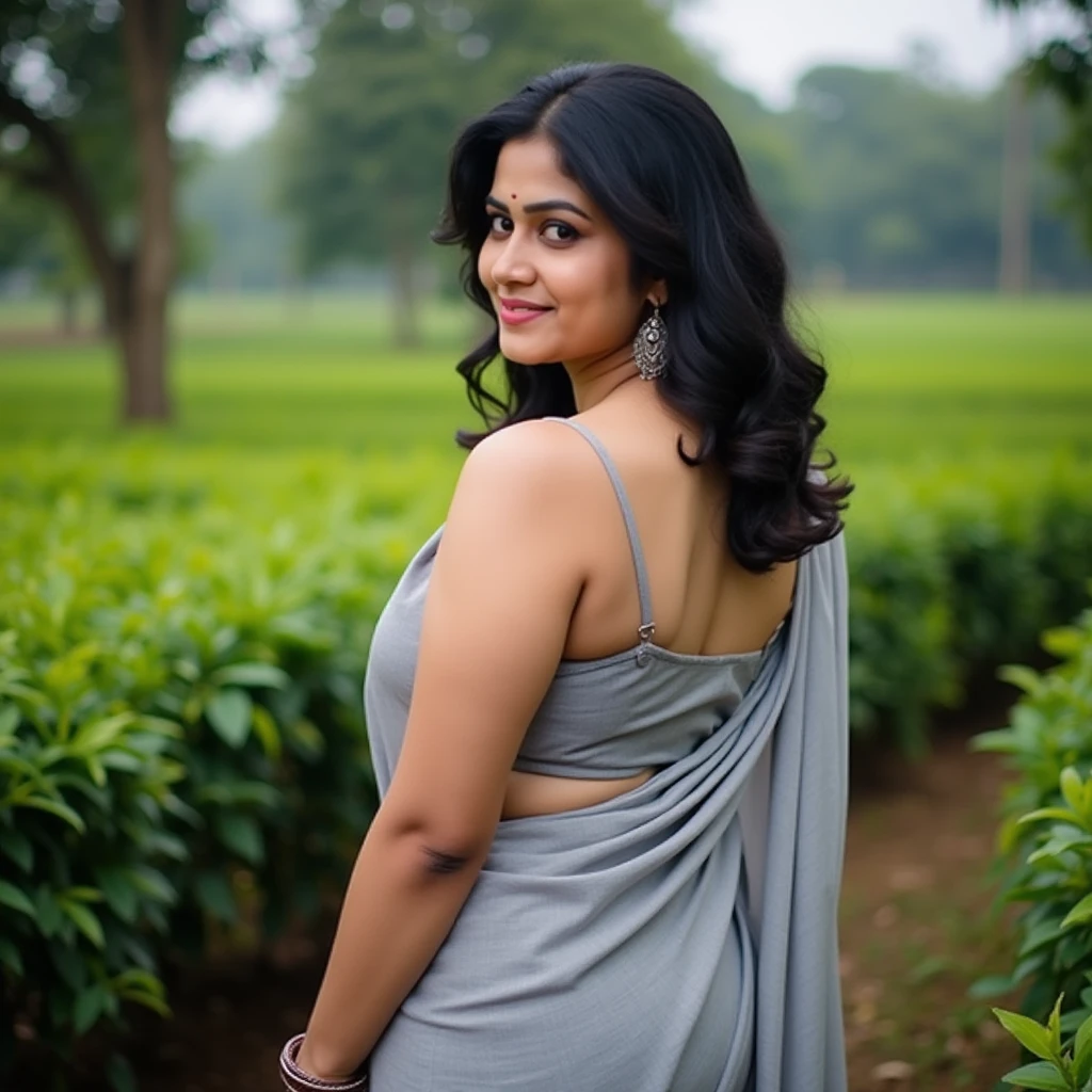 Indian Wife with a huge round and long cleavage line visible in a folded saree, white and black saree, HDR, 8k, hyperdetailed, best quality, ultra-high resolution, HDR, curved body, 8k, walking on the lawn , look at viewer, having perfect breasts, ( perfect anatomy with little chubby), wavy hair, bright smile