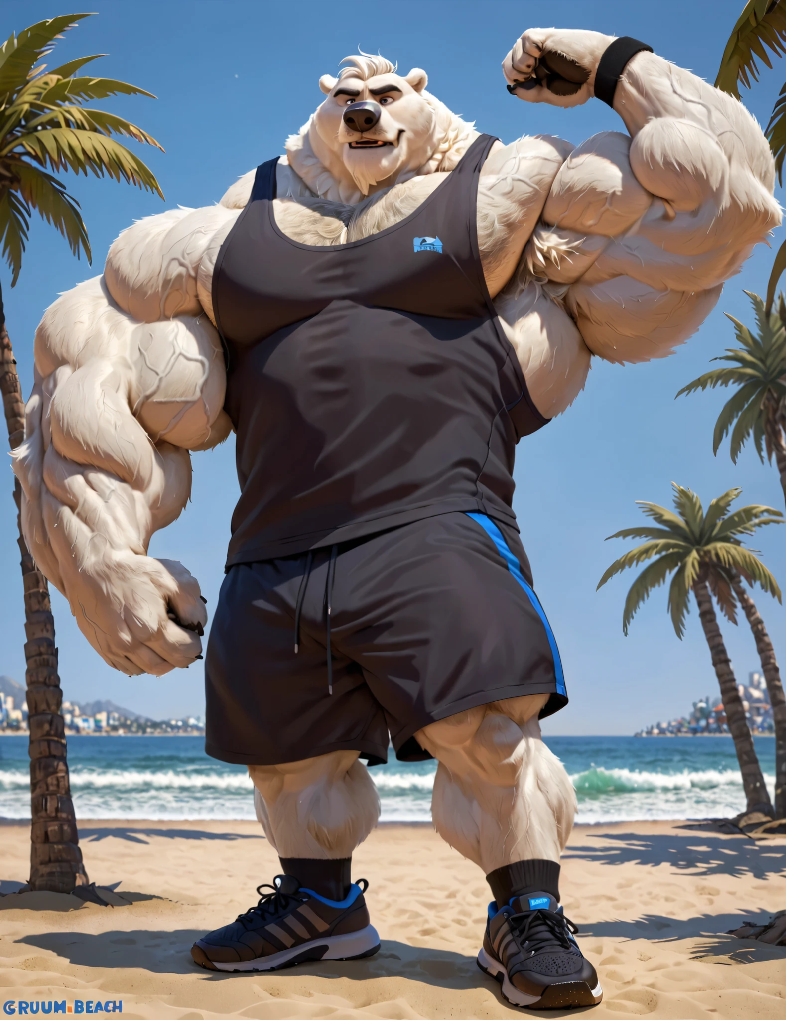 huge muscular polar bear in muscle beach, big Lou Ferrigno flex-like, grunting noise, polar bear, huge thick white fur, thick arm, huge arm, thick neck, added thick moustache and thick beard, Short white hair, (veiny muscular, veiny pectoral, wide pectoral, thick arms), beach, palm, Zootopia, Disney, 8k, masterpiece, gray eyebrows added, detailed eyes, (wearing black gym shorts, black wristbands added, black gym tank top, black socks and black gym shoes), flexing off, posing off, showing off his biceps and pecs,