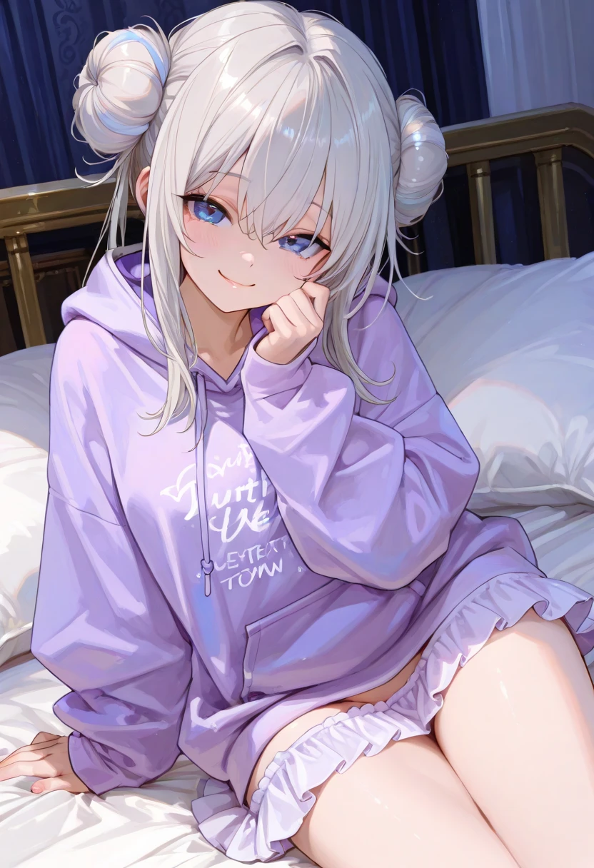 very beautiful,Succubus,Gray Hair,Pink elements in hair,Super cute face,Light blue elements on fur,Eyes glowing pink,White T-shirt,Blue elements in clothes,Sit on the bed,View from below,Beautiful light and shadow,Ambient Light,Very delicate skin,Volumetric Light