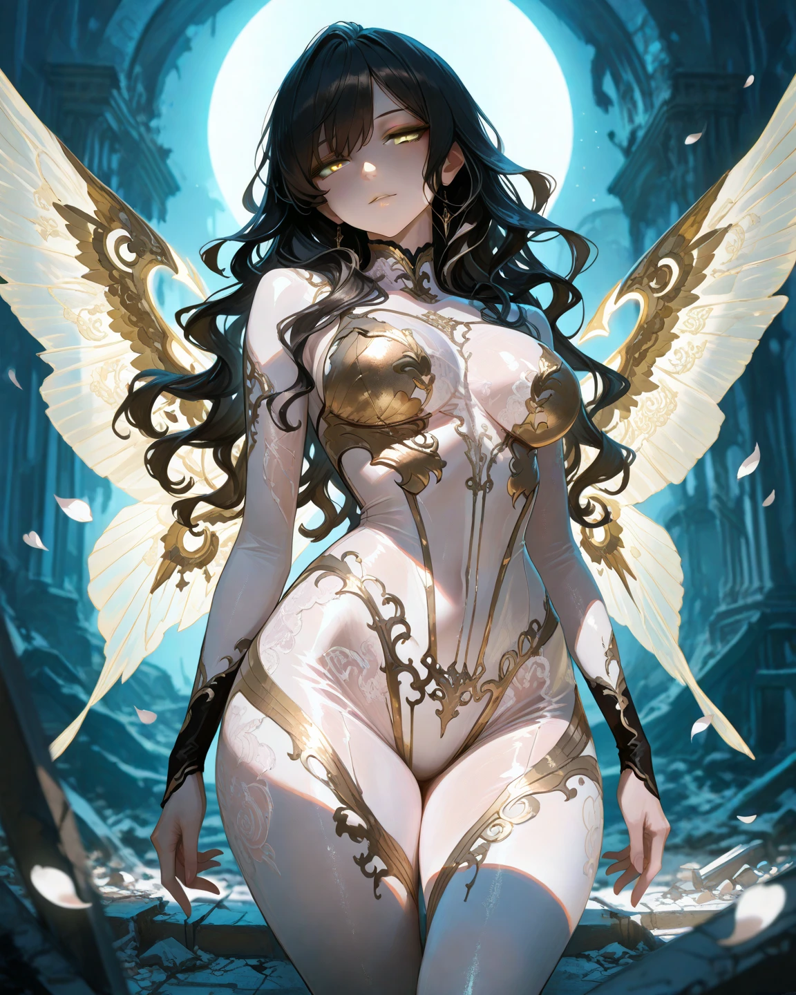 dark dimension space,Jelly Gelatin Pudding Protective Film,Smooth marble rococo statue,the angel's wings,platinum ponytail,Masterpiece Sams,shocked expression,hole dark film light,slender posture,Slim marble pinstripes cover the body,JK clothing,Kazlan’s pretty face,Rococo art,