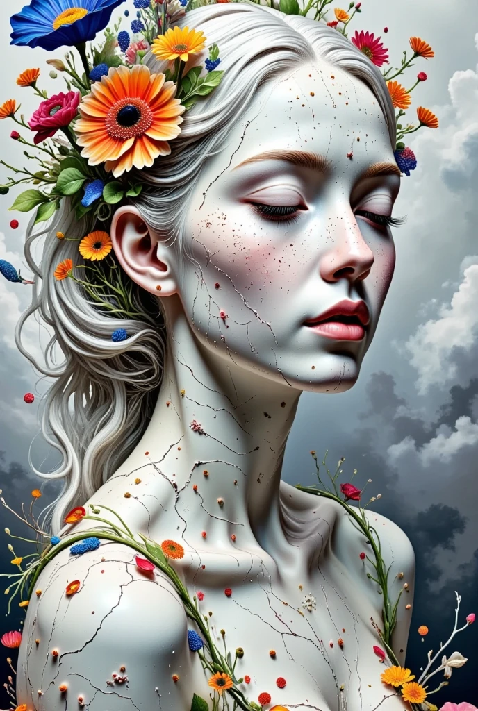 future,A highly detailed digital artwork featuring a serene, alabaster-skinned woman with long, flowing silver hair. Her face and body are adorned with a cracked, marble-like texture, symbolizing fragility. The cracks are filled with vibrant, colorful flowers and small plants, including vivid orange, crimson, and azure blossoms. Her eyes are gently closed, and she appears to be in a meditative state, surrounded by an aura of tranquility. The background is a soft, gradient gray, enhancing the ethereal, dreamlike quality of the piece. The overall style blends photorealism with surrealism, emphasizing both beauty and decay, with intricate details in her skin texture and floral elements.