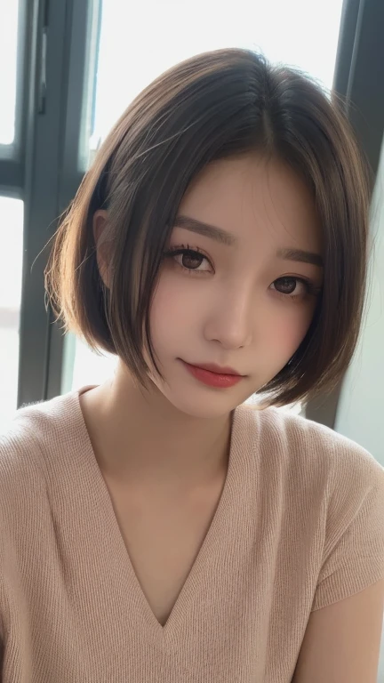 Cute 21 years old Japan、Christmas、Luxury HotelsBAR、A smile、Super Detail Face、Eye of Detail、double eyelid、beautiful thin nose、sharp focus:1.2、prety woman:1.4、(light brown hair,short cut hair, top-quality、Luminescence、masterpiece、超A high resolution、(Photorealsitic:1.4)、doress、