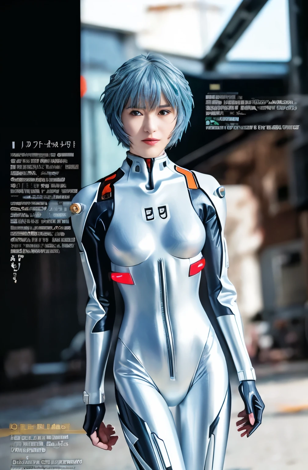 1 woman,(((Rei Ayanami, plug suit 00 :1.1))), (white pearl rubber suit with intense metallic luster and smooth surface), (Research facility in the background),((tight metallic luster latex suit)) (((pale blue short hair))), (Thin thin eyebrows)), Small logo pattern 00 on the chest。:1.1,Mech Suit,