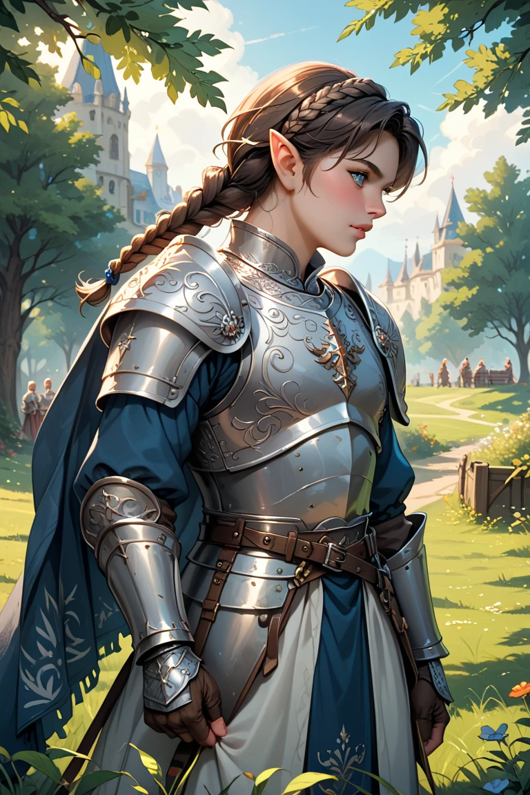 Anime Fantasy art, A brunette half-elf knight, sharp blue eyes, in ornate silver armor stands in profile beneath a tree. Silver delicate armor on her jaw a medieval band across her forehead. Her hair is braided and pinned, her expression stern. Behind her is a banner with runic script, and sunlight breaks through tall grass and foliage.