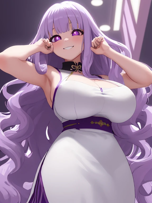 1 girl, (((bright purple hair))), long wavy hair with bangs, adult, two pink devil horns headband, ((((wearing LIGHT pink leotard one-piece)))), ((LIGHT pink lingerie)), ((succubus)), pink clothes, ((((curvy BODY)))), ((thick thighs)). (((chubby stomach))), fat lower stomach, cleavage, medium bust, (((tan skin))), ((SWEETHEART NECKLINE)), NECK EXPOSED, (sexually suggestive), holding up two fingers, peace sign pose, (holding up peace sign), cute pose. sexy pose, ((((masterpiece)))), dynamic angle, (highres), ((8k)), ((((extremely detailed face and eyes)))), (((best quality))), (((Ultra-detailed))), (extremely detailed CG unified 8k wallpaper), High-definition, ((perfect anatomy)), blank background