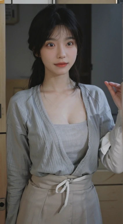 ((1girl)), in sexy kimono,  pose at random location, makeup with glossy lip, small breasts, necklace, (topless kimono:1.4), various angle, ((face focus)), 22 years old, Beautiful Korean Girl, ((sitting)) pose, (nsfw:1.4), Bokeh