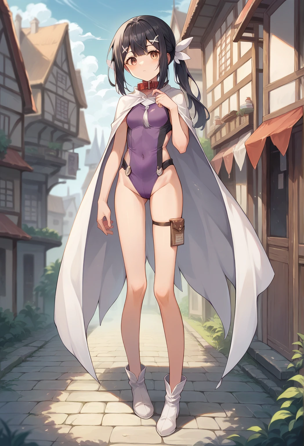 Masterpiece, excellent quality, extra detail, 1maid, medium hair, black hair, blue eyes, perfect face, perfect body, perfect fingers, warm smile, nude, naked, elegant cape, pink nipples, pussy, white gloves, ((white thighhigh boots)), castle, outdoor, garden, day, standing, ((full body)), full view, Genshin Impact art style